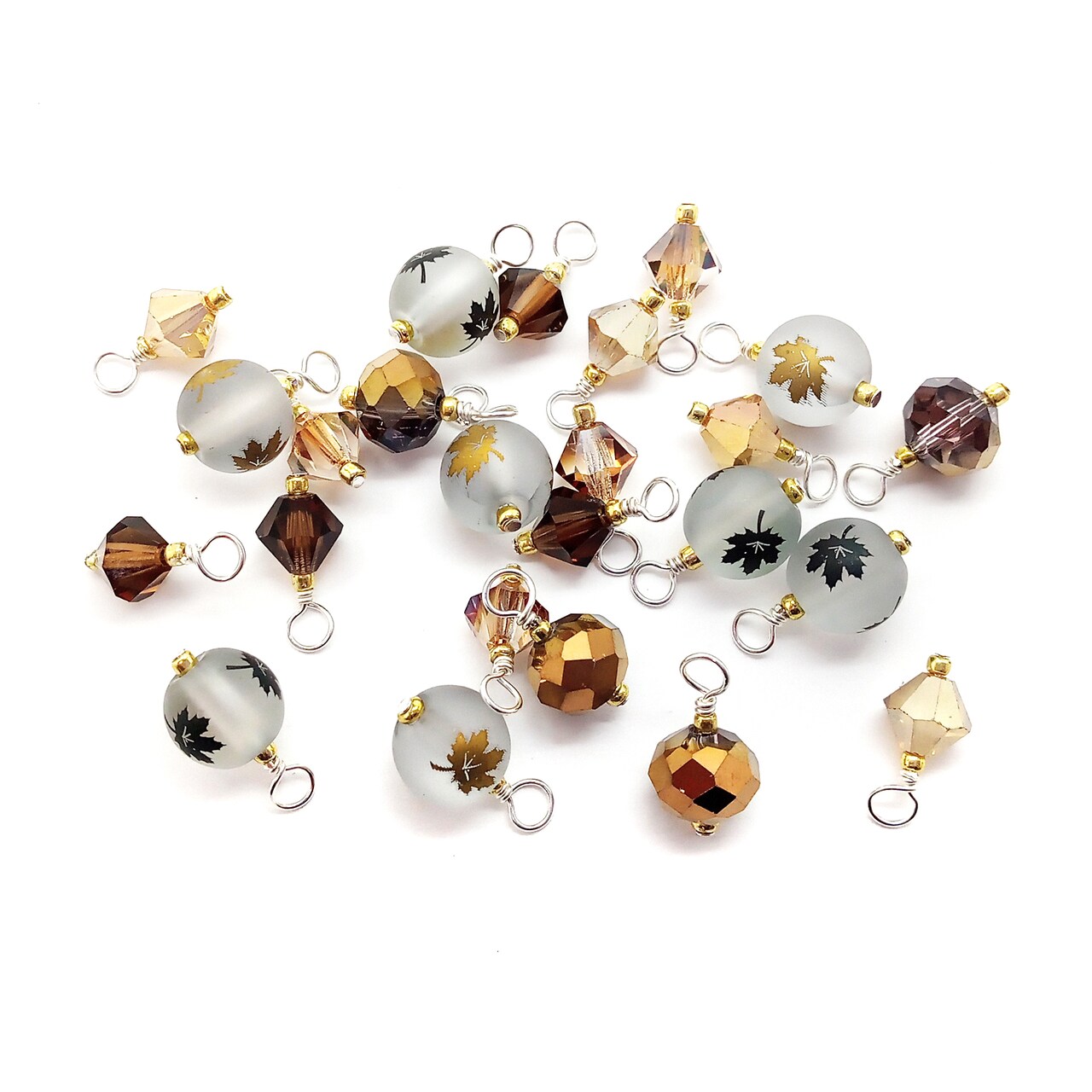Pretty Leaf Dangles in Gold & Brown, 24 pcs, Fall Leaf Beads with Crystal Bicones & Rondelles, Adorabilities